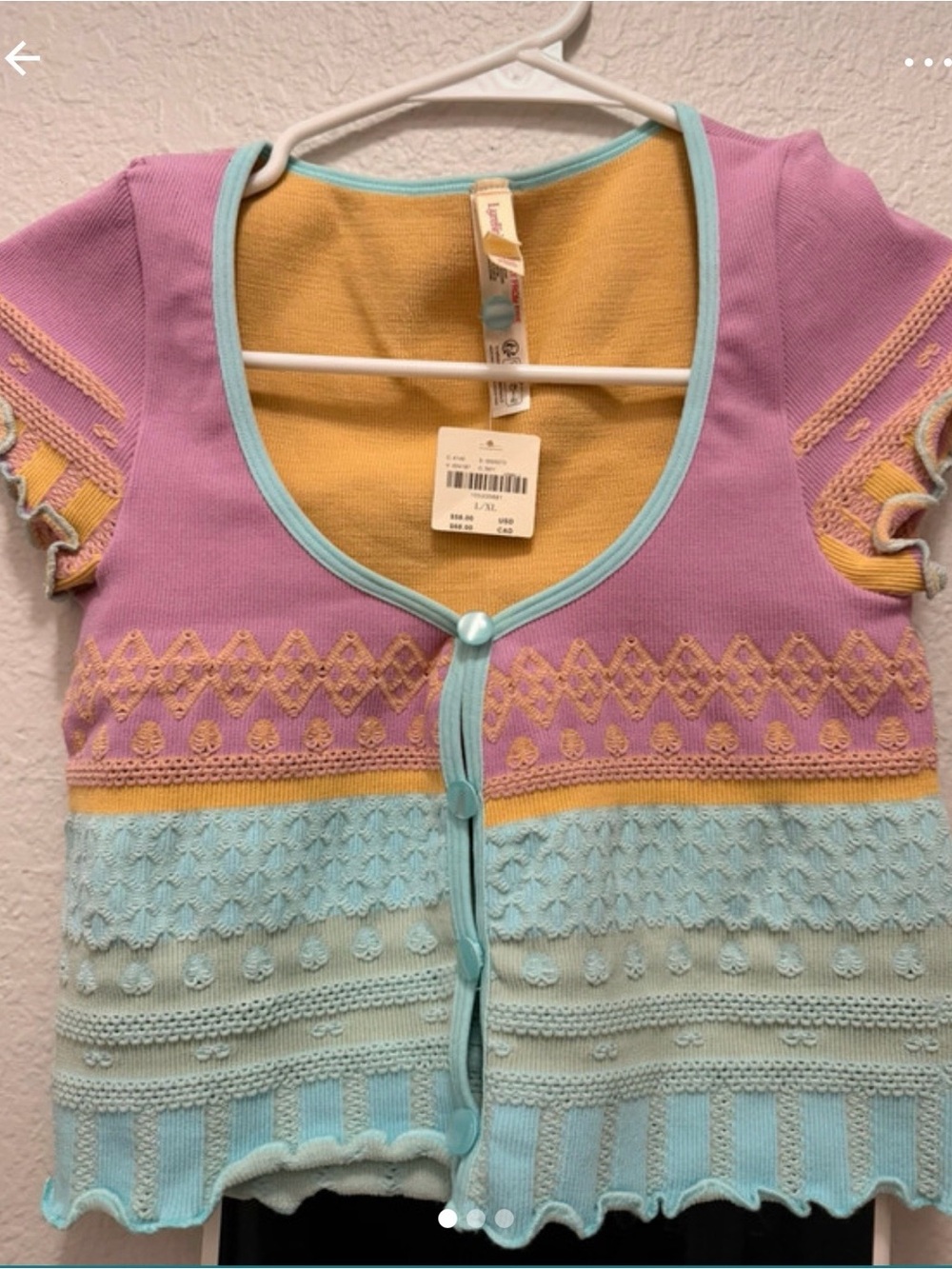 lunya Pastel Knit Button-Front V-Neck Top in Lavender, Yellow & Light Blue